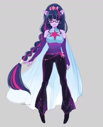 Size: 1588x1958 | Tagged: safe, artist:5mmumm5, derpibooru import, sci-twi, twilight sparkle, equestria girls, bare shoulders, breasts, cape, clothes, evening gloves, floating, glasses, gloves, hair accessory, headlight sparkle, long gloves, pants, ponied up, ponytail, simple background, smiling