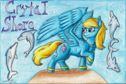 Size: 2188x1465 | Tagged: safe, artist:armorwing, derpibooru import, oc, oc only, dolphin, pegasus, pony, female, looking back, mare, pegasus oc, raised hoof, raised leg, traditional art, wings