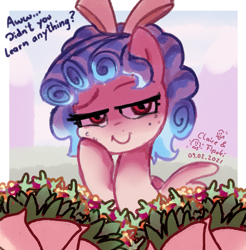 Size: 1087x1103 | Tagged: safe, artist:fipoki, derpibooru import, cozy glow, pegasus, pony, bouquet, cheek squish, devious smile, dialogue, evil grin, female, filly, flower, freckles, full body, grin, it's a trap, smiling, solo, squishy cheeks, talking, this will not end well, wings