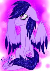 Size: 1547x2187 | Tagged: safe, artist:juliet-gwolf18, derpibooru import, oc, oc only, pegasus, pony, abstract background, bags under eyes, ethereal mane, eyelashes, pegasus oc, raised hoof, raised leg, sitting, solo, starry mane, two toned wings, wings