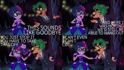 Size: 1280x720 | Tagged: safe, derpibooru import, editor:quoterific, sci-twi, timber spruce, twilight sparkle, human, equestria girls, legend of everfree - bloopers, clothes, crying, dress, duo, eyes closed, female, glasses, laughing, looking at you, male, open mouth, shipping, straight, tears of laughter, teeth, timbertwi