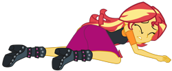 Size: 1858x775 | Tagged: safe, artist:gmaplay, derpibooru import, sunset shimmer, better together, cheer you on, equestria girls, boots, collapse, eyes closed, groggy, leather vest, shoulderless shirt, skirt, solo