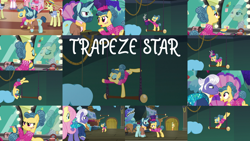 Size: 1280x721 | Tagged: safe, derpibooru import, editor:quoterific, applejack, flam, flim, fluttershy, gladmane, trapeze star, earth pony, pegasus, pony, rabbit, unicorn, viva las pegasus, angry, animal, applejack's hat, clothes, cowboy hat, eyes closed, female, flim flam brothers, hat, lipstick, magic hat, male, open mouth, ship