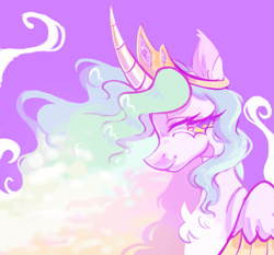 Size: 1059x988 | Tagged: safe, artist:onionpwder, derpibooru import, princess celestia, alicorn, pony, alternate hairstyle, chest fluff, crown, curved horn, ear fluff, ears, female, horn, jewelry, mare, purple background, regalia, simple background, solo