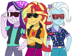 Size: 1132x869 | Tagged: safe, artist:robdog97, derpibooru import, starlight glimmer, sunset shimmer, trixie, equestria girls, group, magical trio, sunglasses