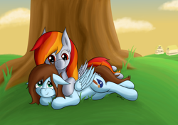 Size: 3350x2360 | Tagged: safe, artist:wapamario63, oc, oc only, oc:shinycyan, oc:tridashie, pegasus, pony, brown mane, brown tail, couple, cute, detailed background, female, grass, house, looking at each other, lying down, mare, orange mane, orange tail, shipping, smiling, sunset, tree, wings, ych result