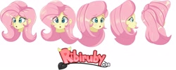 Size: 4096x1634 | Tagged: safe, artist:ribiruby, derpibooru import, fluttershy, equestria girls, :o, behind, context in description, female, head only, looking at you, open mouth, side view, simple background, solo, watermark, white background