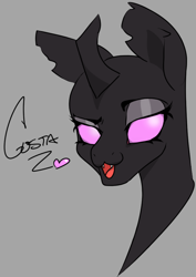 Size: 708x1001 | Tagged: safe, artist:2hrnap, oc, oc only, oc:costa, changeling, bust, fangs, female, heart, looking at you, open mouth, portrait, raised eyebrow, simple background