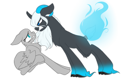 Size: 2500x1600 | Tagged: safe, artist:fluffomaru, artist:php110, artist:sketchieponyartist, ponerpics import, oc, oc:frost heart, original species, pegasus, pony, tricorn, collaboration, angry, base used, broken horn, chest fluff, fire, gritted teeth, hoof fluff, horn, looking up, scared, simple background, transparent background