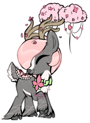 Size: 361x495 | Tagged: safe, artist:php110, ponerpics import, oc, oc only, deer, deer pony, original species, antlers, cloven hooves, commission, eyes closed, flower, flower in hair, raised hoof, raised leg, saddle, simple background, smiling, solo, tack, transparent background, ych result