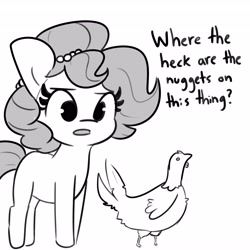 Size: 4096x4096 | Tagged: safe, artist:tjpones, derpibooru import, oc, oc only, oc:brownie bun, bird, chicken, earth pony, pony, black and white, female, grayscale, high res, implied ponies eating meat, mare, monochrome, simple background, solo, white background