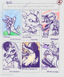 Size: 854x1026 | Tagged: safe, artist:bose, derpibooru import, rarity, anthro, cat, human, pony, unicorn, aigis, animal crossing, anthro with ponies, breath of fire, bust, crossover, digimon, female, guilmon, gun, hollow knight, male, mare, persona, shovel knight, six fanarts, weapon