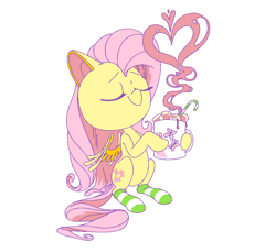 Size: 1200x1100 | Tagged: safe, artist:batshaped, derpibooru import, fluttershy, pegasus, pony, candy, candy cane, chocolate, clothes, cute, drink, eyes closed, female, food, heart, heart shaped, hoof hold, hot chocolate, mare, marshmallow, mug, shyabetes, simple background, sitting, smiling, socks, solo, steam, striped socks, white background