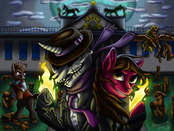 Size: 2188x1642 | Tagged: safe, artist:armorwing, derpibooru import, earth pony, pony, bone, bust, clothes, female, fire, grin, hat, male, mare, necktie, outdoors, ponified, pyromancy, scarf, skeleton, smiling, stallion