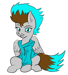 Size: 1505x1642 | Tagged: safe, artist:@cameron, artist:ciaran, artist:demisky, derpibooru exclusive, derpibooru import, oc, oc:blue flare, 2021 community collab, base used, clothes, derpibooru community collaboration, fiery mane, fiery tail, hoodie, looking around, simple background, sitting, transparent background, wings