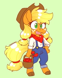 Size: 1017x1270 | Tagged: safe, artist:creepincrawl, derpibooru import, applejack, anthro, earth pony, unguligrade anthro, apple, apple basket, bandana, basket, colored pupils, cute, food, green background, hand on hip, jackabetes, open mouth, pigtails, simple background, solo