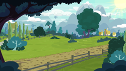 Size: 7680x4320 | Tagged: safe, artist:le-23, derpibooru import, airship, background, canterlot, complex background, fence, high res, mountain, road, tree, wallpaper, windmill