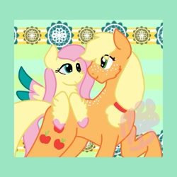 Size: 933x933 | Tagged: safe, artist:mysteriousdollart, derpibooru import, applejack, fluttershy, earth pony, pegasus, pony, appleshy, body freckles, colored hooves, colored wings, female, freckles, lesbian, looking at each other, multicolored wings, shipping, wings