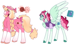 Size: 1280x761 | Tagged: safe, artist:transglimmer, derpibooru import, oc, oc only, earth pony, pegasus, pony, bow, braid, clothes, coat markings, duo, freckles, hat, one wing out, shirt, simple background, socks (coat marking), sun hat, tail bow, transparent background, unshorn fetlocks, wings