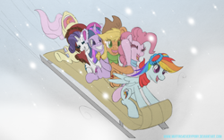 Size: 1920x1200 | Tagged: safe, artist:muffins4everypony, derpibooru import, applejack, fluttershy, pinkie pie, rainbow dash, rarity, twilight sparkle, earth pony, pegasus, pony, unicorn, clothes, coat, earmuffs, female, hood, mane six, mare, nose in the air, scarf, screaming, sled, sledding, snow, volumetric mouth, windswept mane