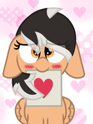 Size: 899x1200 | Tagged: safe, artist:froyo15sugarblast, derpibooru import, oc, oc:hearty felt, pegasus, blushing, eye clipping through hair, female, heart, holiday, looking at you, love note, mare, pegasus oc, show accurate, smiling, solo, valentine's day