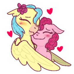 Size: 400x400 | Tagged: safe, artist:eeveelutionlova, derpibooru import, pinkie pie, princess skystar, classical hippogriff, earth pony, hippogriff, pony, blushing, female, heart, lesbian, shipping, simple background, skypie, snuggling, transparent background