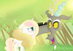 Size: 1280x884 | Tagged: safe, artist:sugarcubecreationz, derpibooru import, discord, oc, oc:sweetheart, draconequus, pony, unicorn, arm around neck, duo, ears, female, floppy ears, forest, mare