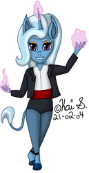 Size: 900x1738 | Tagged: safe, artist:n-the-giraffe, derpibooru import, trixie, anthro, unicorn, clothes, eyeshadow, female, looking at you, magic, makeup, mare, signature, simple background, smiling, solo, transparent background
