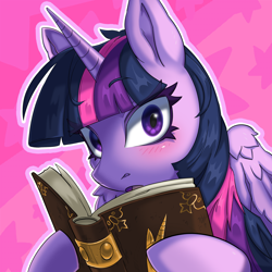 Size: 3000x3000 | Tagged: safe, artist:porcelanowyokular, derpibooru import, twilight sparkle, twilight sparkle (alicorn), alicorn, pony, abstract background, blushing, book, book of harmony, bust, cute, female, high res, hoof hold, looking at you, mare, open mouth, pink background, portrait, reading, simple background, solo, stars, twiabetes, white outline