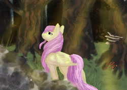 Size: 2520x1795 | Tagged: safe, artist:grimsouth135, derpibooru import, fluttershy, pegasus, pony, facing away, female, forest, mare, solo