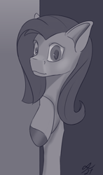 Size: 1000x1700 | Tagged: safe, artist:tenebrisnoctus, derpibooru import, fluttershy, pegasus, pony, female, grayscale, looking at you, mare, monochrome, solo