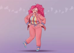 Size: 3508x2480 | Tagged: safe, artist:andressuperhell, derpibooru import, pinkie pie, human, 1960s, belt, braces, chubby, clothes, eyeshadow, fashion, hand on hip, high heels, humanized, jacket, makeup, music notes, pants, retro, shirt, shoes, solo, striped shirt