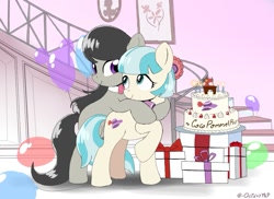 Size: 995x725 | Tagged: safe, artist:octavymlp, derpibooru import, coco pommel, octavia melody, earth pony, pony, balloon, birthday cake, cake, cocobetes, cute, female, food, hug, mare, mickey balloon, present, raised hoof, raised leg, tavibetes