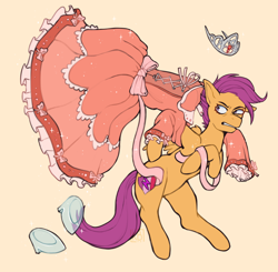 Size: 2300x2250 | Tagged: safe, artist:karamboll, derpibooru import, scootaloo, pegasus, pony, angry, clothes, commission, dress, female, high heels, jewelry, living clothes, non-consensual wearing, shoes, solo, tiara