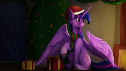 Size: 3840x2160 | Tagged: safe, artist:tenebrisnoctus, derpibooru import, twilight sparkle, twilight sparkle (alicorn), alicorn, pony, christmas, christmas tree, clothes, female, hat, hearth's warming, holiday, mare, present, santa hat, scarf, sitting, solo, tree