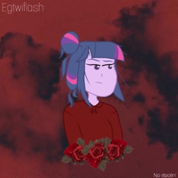Size: 1080x1080 | Tagged: safe, artist:egtwiflash, derpibooru import, edit, twilight sparkle, human, equestria girls, aesthetics, angry, badass, baddie, bored, clothes, female, flower, ponytail, red, solo, sweater