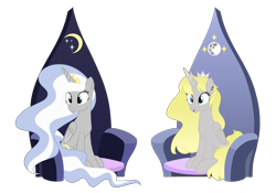 Size: 5000x3500 | Tagged: safe, artist:katelynleeann42, derpibooru import, oc, oc only, oc:moon beam, oc:mystic swirl, alicorn, pony, absurd resolution, female, mare, simple background, throne, transparent background