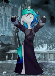 Size: 1339x1837 | Tagged: safe, artist:broken wings, derpibooru import, oc, oc only, oc:aurora ise, pony, unicorn, bipedal, clothes, dark souls 3, ear down, eyes closed, female, hooves out, horn, mare, praise the sun, solo, uwu