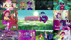 Size: 1972x1111 | Tagged: safe, derpibooru import, edit, edited screencap, editor:quoterific, screencap, applejack, filthy rich, fluttershy, gaea everfree, gloriosa daisy, midnight sparkle, pinkie pie, rainbow dash, rarity, sci-twi, sunset shimmer, timber spruce, twilight sparkle, bird, human, owl, equestria girls, legend of everfree, angry, duo, duo female, female, glasses, grin, hand, humane five, humane seven, humane six, magic, magic hands, male, nervous, nervous grin, open mouth, smiling, solo, teeth, trio