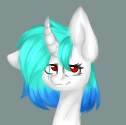 Size: 2100x2072 | Tagged: safe, artist:broken wings, derpibooru import, oc, oc:aurora ise, pony, unicorn, bust, curved horn, ears, floppy ears, gray background, horn, portrait, simple background, solo