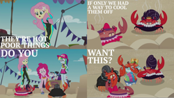 Size: 1986x1117 | Tagged: safe, derpibooru import, edit, edited screencap, editor:quoterific, screencap, fluttershy, pinkie pie, rainbow dash, rarity, crab, human, better together, equestria girls, too hot to handle, cap, clothes, duo, female, geode of fauna, geode of shielding, geode of sugar bombs, geode of super speed, hat, magical geodes, male, open mouth, solo, steam, sweat, swimsuit, teeth