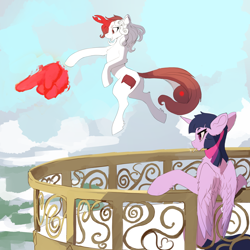 Size: 3000x3000 | Tagged: safe, artist:nsilverdraws, derpibooru import, twilight sparkle, twilight sparkle (alicorn), oc, oc:razlad, alicorn, pony, balcony, canterlot, cigarette, corrupted, devil, disembodied hand, done with your shit, equestria, floating, hand, helix horn, magic finger, pointing, smiling, trading