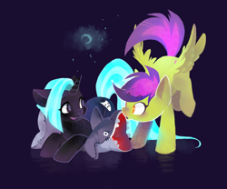 Size: 1024x852 | Tagged: safe, artist:n0pies, derpibooru import, oc, oc only, pegasus, pony, unicorn, duo, night, not scootaloo, plushie, shark plushie