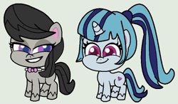 Size: 640x375 | Tagged: safe, artist:jadethepegasus, derpibooru import, octavia melody, sonata dusk, earth pony, pony, my little pony: pony life, cute, duo, equestria girls ponified, equestria girls to g4.5, female, g4 to g4.5, gray background, lesbian, mare, ponified, shipping, simple background, sontavia