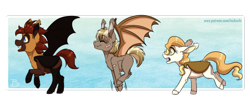 Size: 2400x1016 | Tagged: safe, artist:inuhoshi-to-darkpen, derpibooru import, oc, oc only, bat pony, pony, bat pony oc, female, filly, open mouth, spread wings, trio, wings