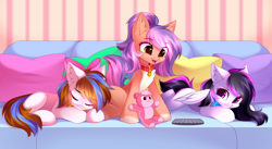 Size: 5222x2871 | Tagged: safe, artist:airiniblock, derpibooru import, oc, oc only, oc:breezy, earth pony, pegasus, pony, chest fluff, collar, ear fluff, ears, hair bow, high res, pegasus oc, pets, pony oc, prone, rcf community, sitting, sofa