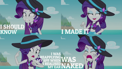 Size: 2000x1125 | Tagged: safe, derpibooru import, edit, edited screencap, editor:quoterific, screencap, rarity, equestria girls, equestria girls series, lost and found, clothes, eyes closed, female, freakout, geode of shielding, hat, magical geodes, marshmelodrama, my ear was naked, open mouth, rarity being rarity, solo, sun hat, swimsuit, teeth