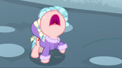 Size: 1280x720 | Tagged: safe, derpibooru import, screencap, cozy glow, pegasus, pony, frenemies (episode), coat, female, filly, freckles, open mouth, raised hoof, raised leg, solo