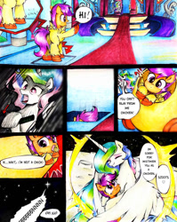 Size: 797x1003 | Tagged: safe, artist:liaaqila, derpibooru import, princess celestia, scootaloo, alicorn, pegasus, pony, alektorophobia, animal costume, chicken suit, clothes, comic, costume, crying, cute, cutealoo, cutelestia, dialogue, grammar error, hug, pony cannonball, scootachicken, smiling, speech bubble, tears of joy, that princess sure is afraid of chickens, throne room, to the moon, traditional art, twinkle in the sky, winghug, wings