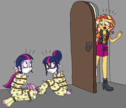 Size: 1864x1593 | Tagged: safe, artist:bugssonicx, derpibooru import, sci-twi, sunset shimmer, twilight sparkle, equestria girls, arm behind back, bondage, bound and gagged, cloth gag, clothes, footed sleeper, gag, nightgown, rope, rope bondage, tied up, twolight